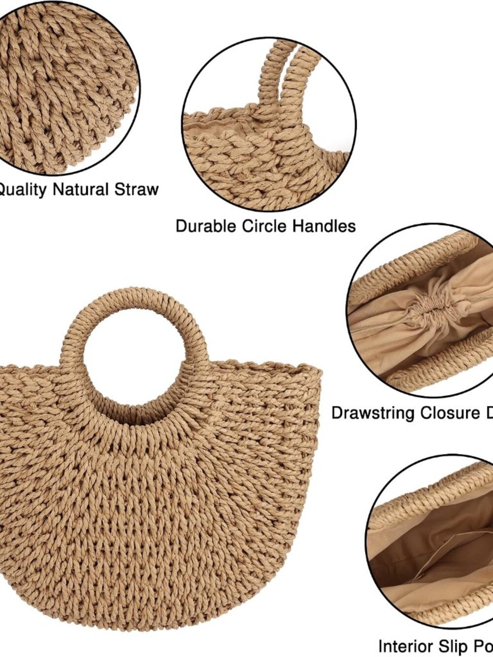 Womens Large Straw Beach Bag Woven Tote Bag Top Handle Handbag Purse for Summer - Picture 4 of 7